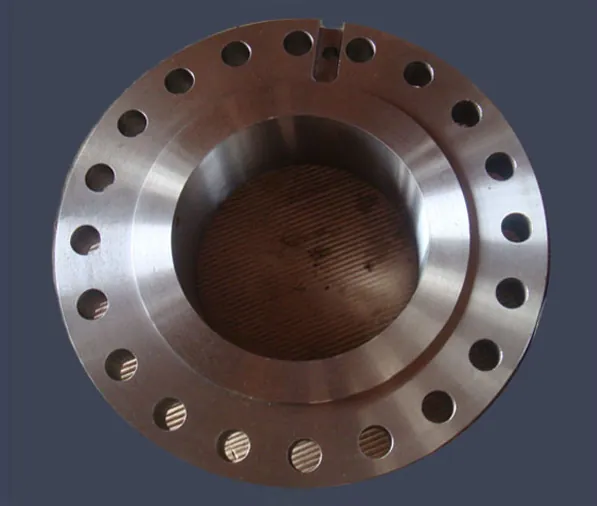 Face view of a machined flange: raised face, twenty bolt holes and a small notch in the rim, on a plain blue-grey background