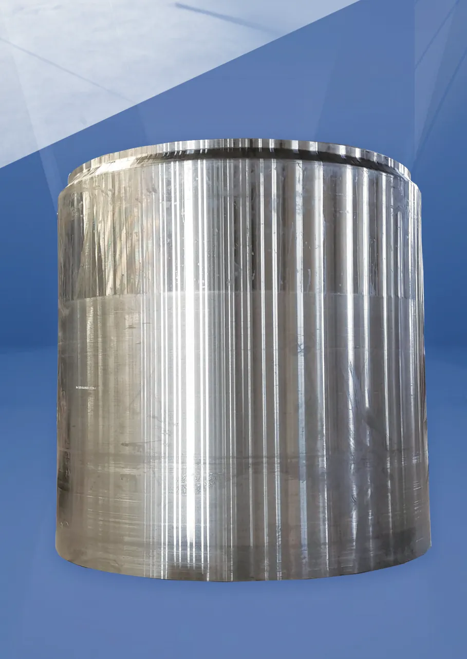 A large machined cylindrical shell forging standing upright, with vertical machining marks