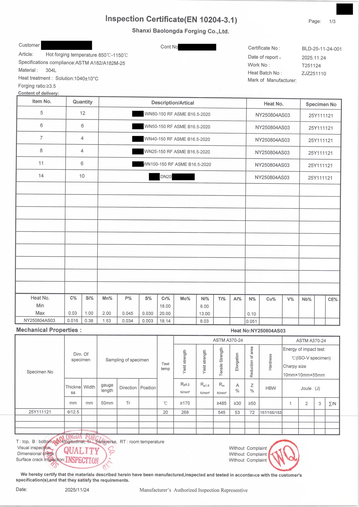 304L page of a 3.1 certificate, customer details covered
