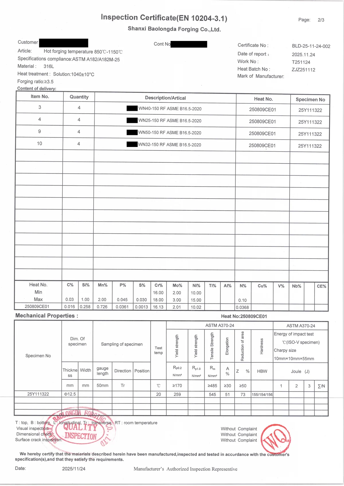 316L page of a 3.1 certificate, customer details covered