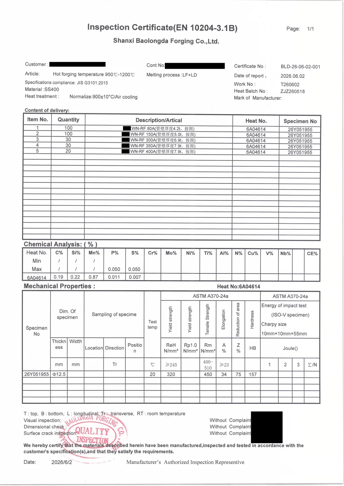 Our EN 10204 3.1 inspection certificate no. BLD-26-06-02-001, dated 2026-06-02, for SS400 steel to JIS G3101:2015, normalised at 900 ± 10 °C and air-cooled: WN-RF flanges in sizes 80A, 150A, 300A, 350A and 400A, made to drawing, heat 6A04614, with chemical analysis, tensile and hardness results; the impact-test columns are empty. Customer name, contract number, the first token of each item line, and an inspector's personal stamp are blacked out.