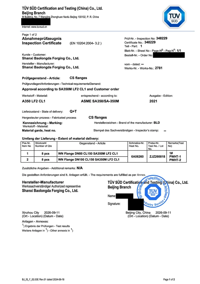EN 10204 3.2 certificate sample