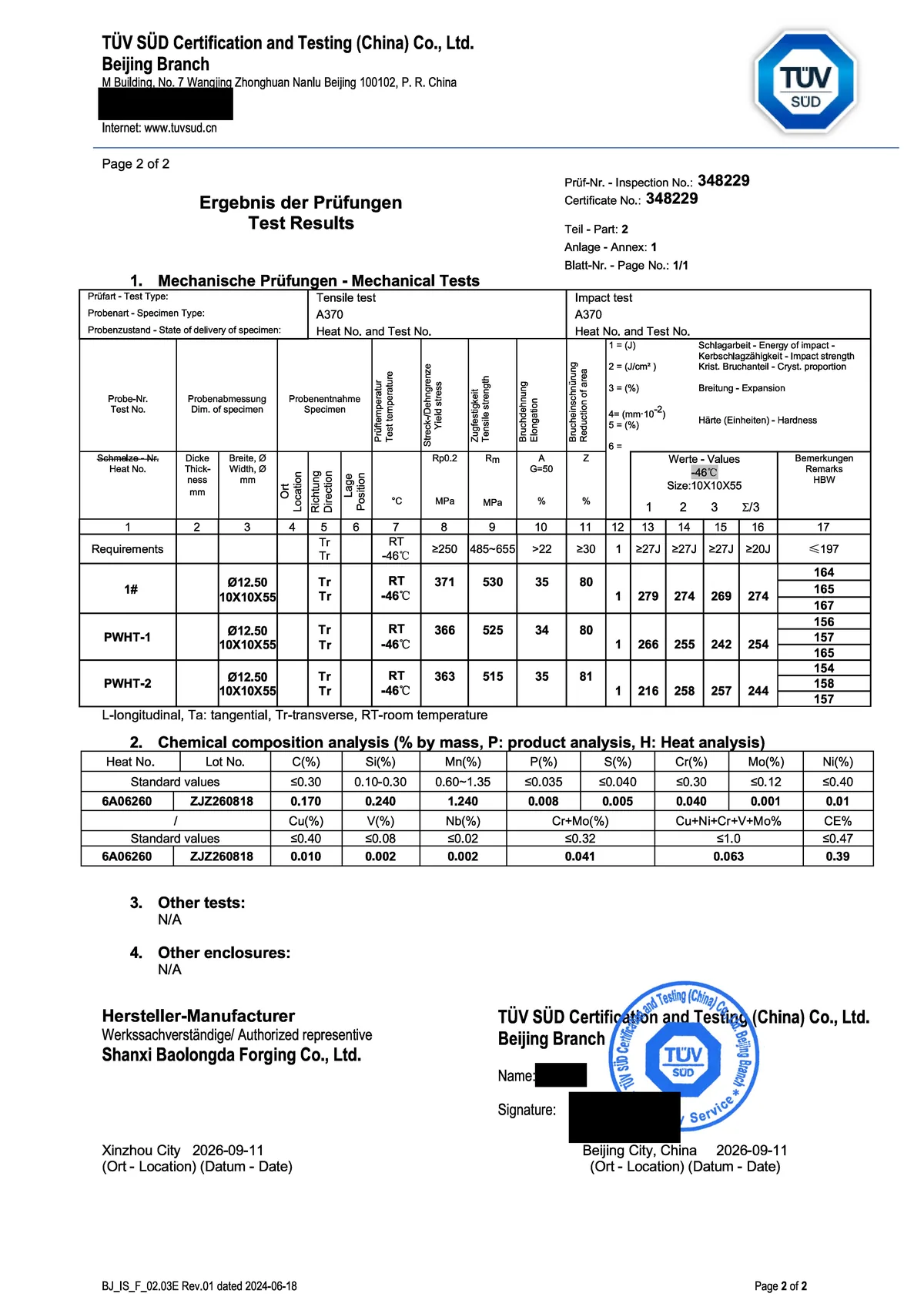 Page 2 of TÜV SÜD certificate 348229: tensile, Charpy impact at −46 °C, Brinell hardness and chemical composition results for heat 6A06260, including two post-weld-heat-treated test sets (PWHT-1, PWHT-2). Names and signatures blacked out.