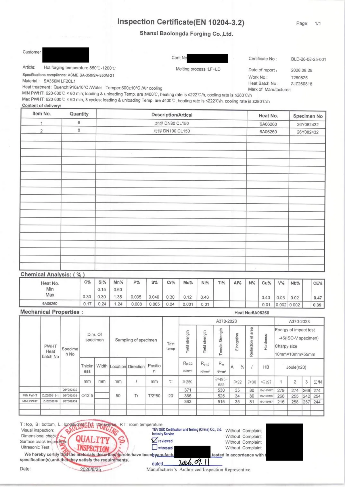 Manufacturer's inspection certificate from Shanxi Baolongda Forging Co., Ltd., no. BLD-26-08-25-001 dated 2026-08-25, for SA350M LF2 CL1 weld neck flanges DN80 and DN100 Class 150, heat 6A06260, listing chemistry, tensile, hardness and −46 °C Charpy results for as-supplied and min/max simulated-PWHT test pieces, with a TÜV SÜD stamp. Customer, contract number, chops and signatures blacked out.