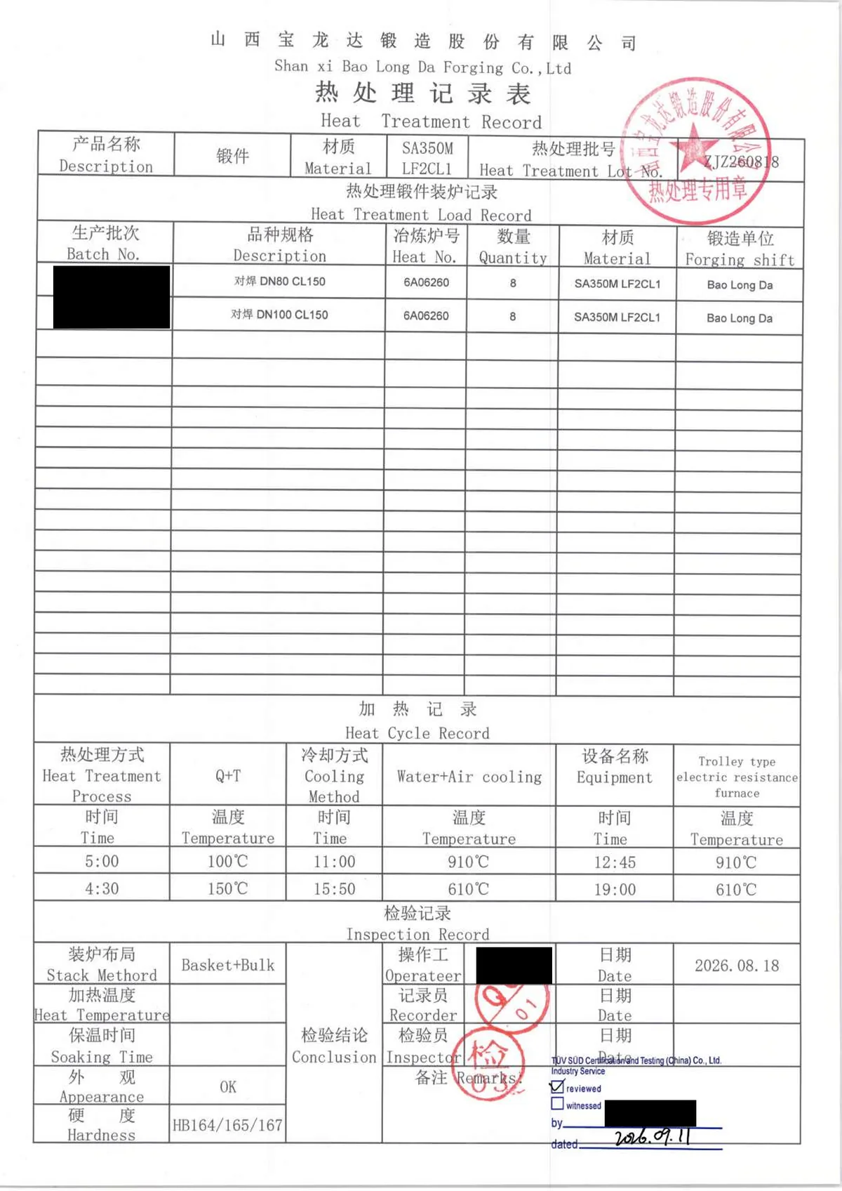 Baolongda heat-treatment record (quench and temper) for SA350M LF2 CL1 weld neck flanges DN80 and DN100 Class 150, heat 6A06260, lot ZJZ260818, with a TÜV SÜD stamp on which the box "reviewed" is ticked. Order number, operator name and TÜV SÜD signature blacked out.