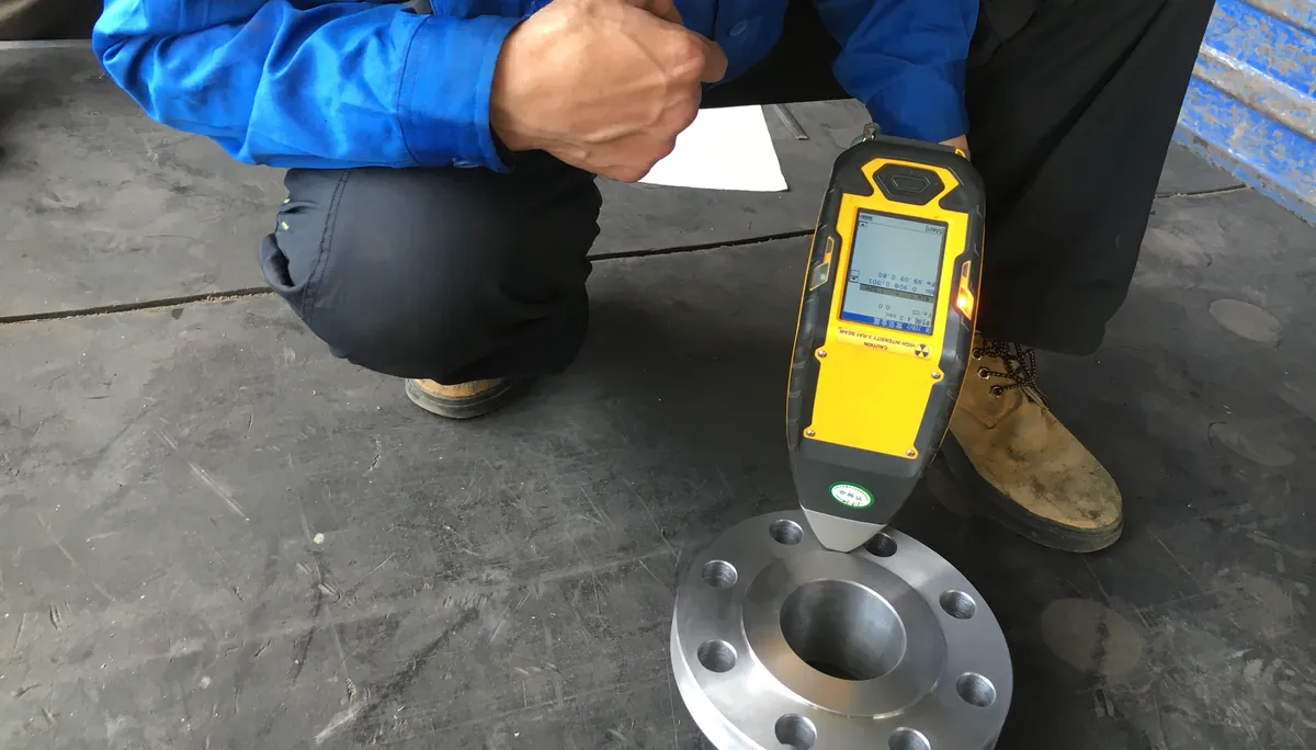 A worker crouches and holds a yellow handheld analyzer against a weld neck flange on a workshop floor