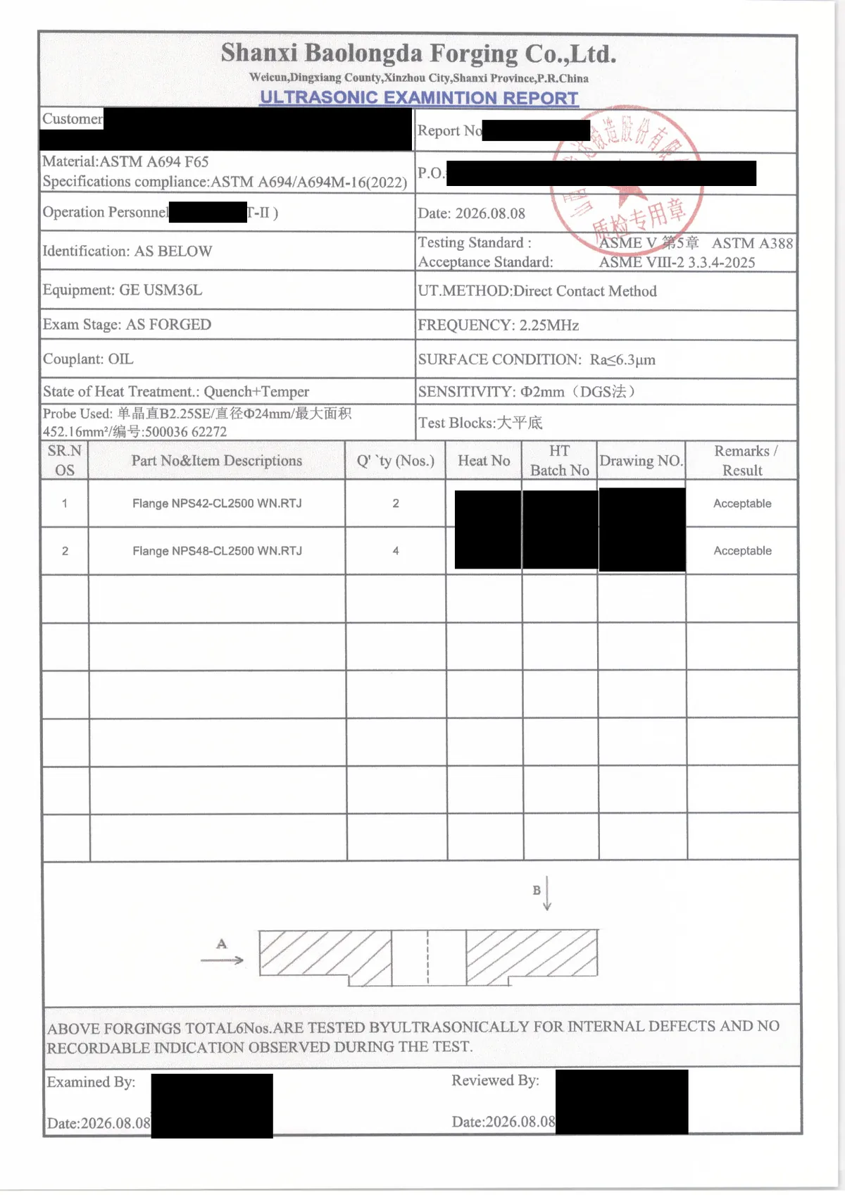 Ultrasonic examination report from Shanxi Baolongda Forging Co., Ltd., dated 2026.08.08, for ASTM A694 F65 Class 2500 RTJ weld neck flanges, NPS 42 (2 pcs) and NPS 48 (4 pcs), both acceptable, with the quality inspection stamp. Customer, report, purchase order, heat, batch and drawing numbers, names and signatures are blacked out.