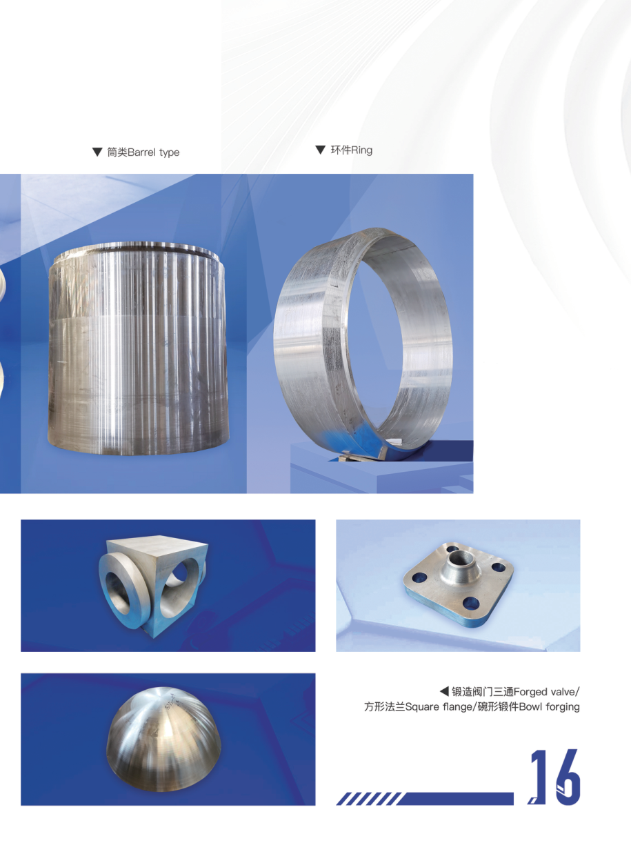 Baolongda brochure page showing barrel, ring, forged valve, square flange and bowl forging components