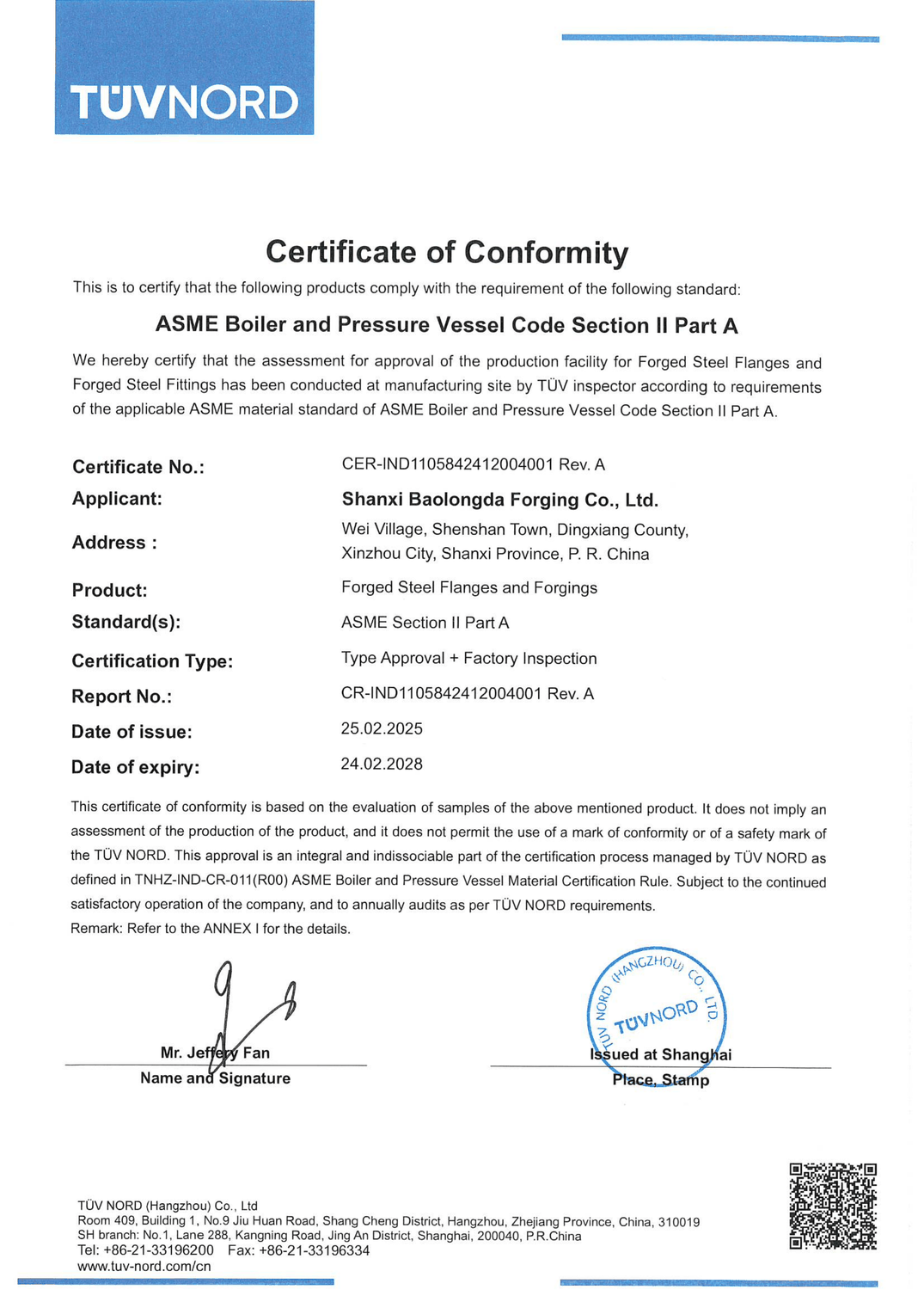 BLD ASME Boiler and Pressure Vessel Code Section II Part A material conformity certificate issued by TÜV NORD, preview