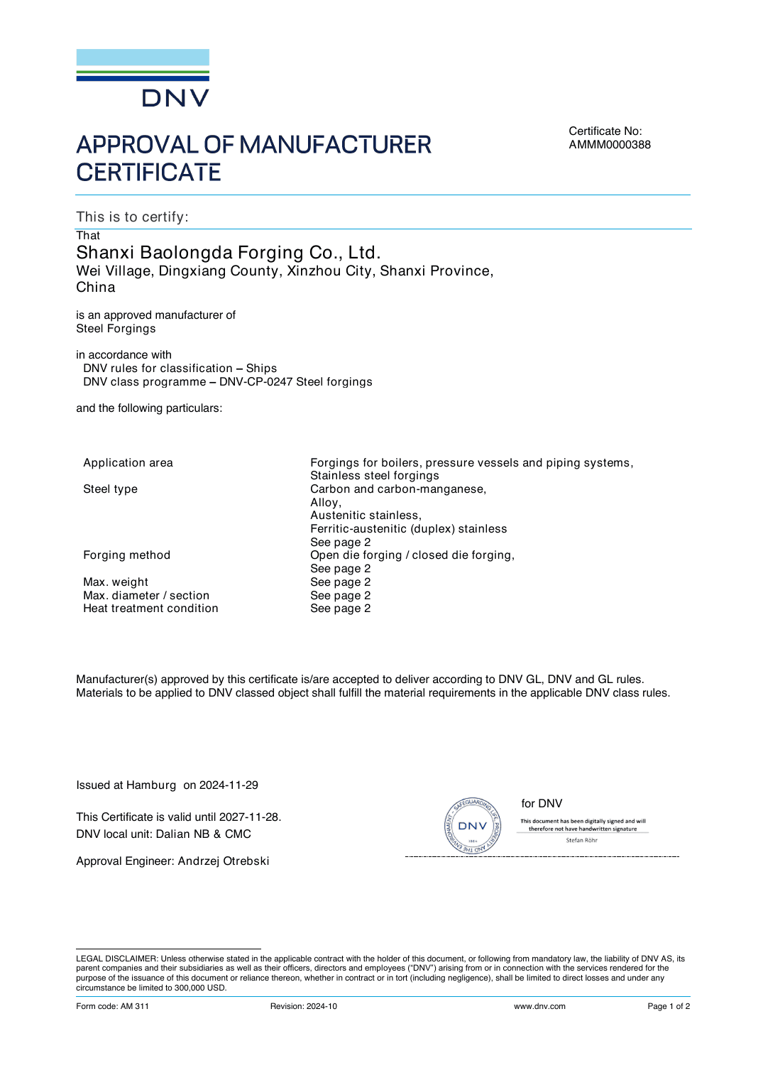 BLD DNV steel forgings approval certificate preview